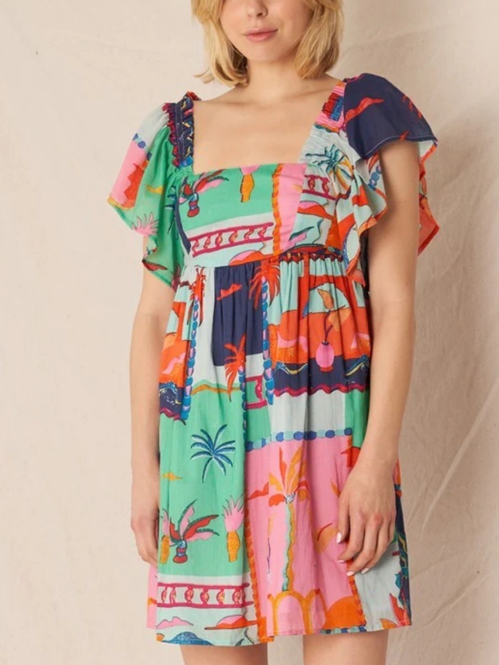 Hudson Gray mixed print tropical resort Ruffle sleeve mini dress size M